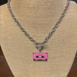 Silver Chain Necklace with Pink Cassette Charm